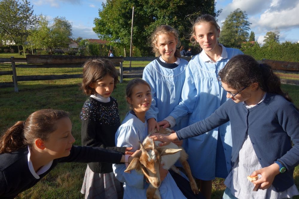 Une pensionnaire particulière de l'école, bien entourée.